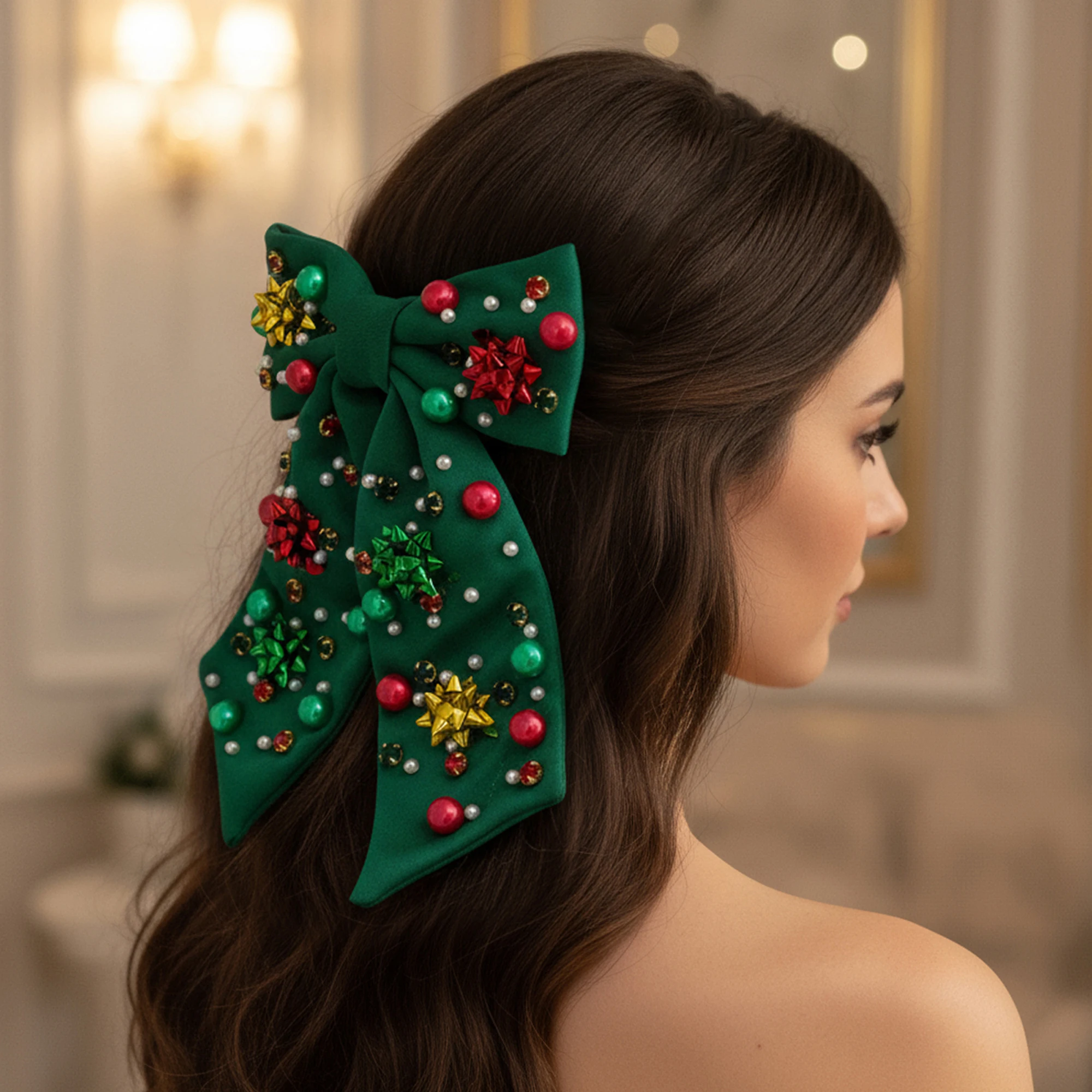 Festive Red Velvet Bow Headband with Glittery Snowflake Detail for Women and Girls - Christmas Hair Accessories for Holiday