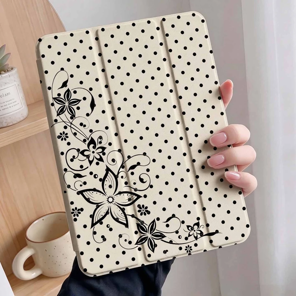 Black Floral Vine and Polka Dots Tablet Case with Pen Slot