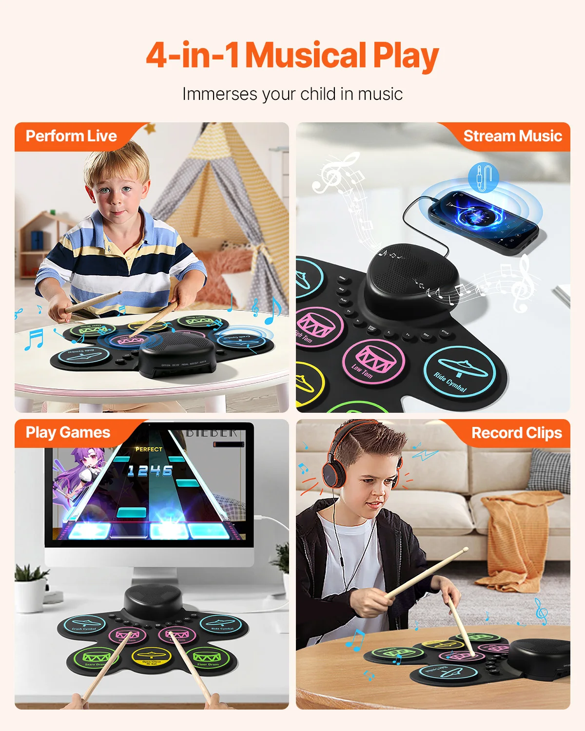Portable Electronic Drum Set for Kids with Silicone Pads