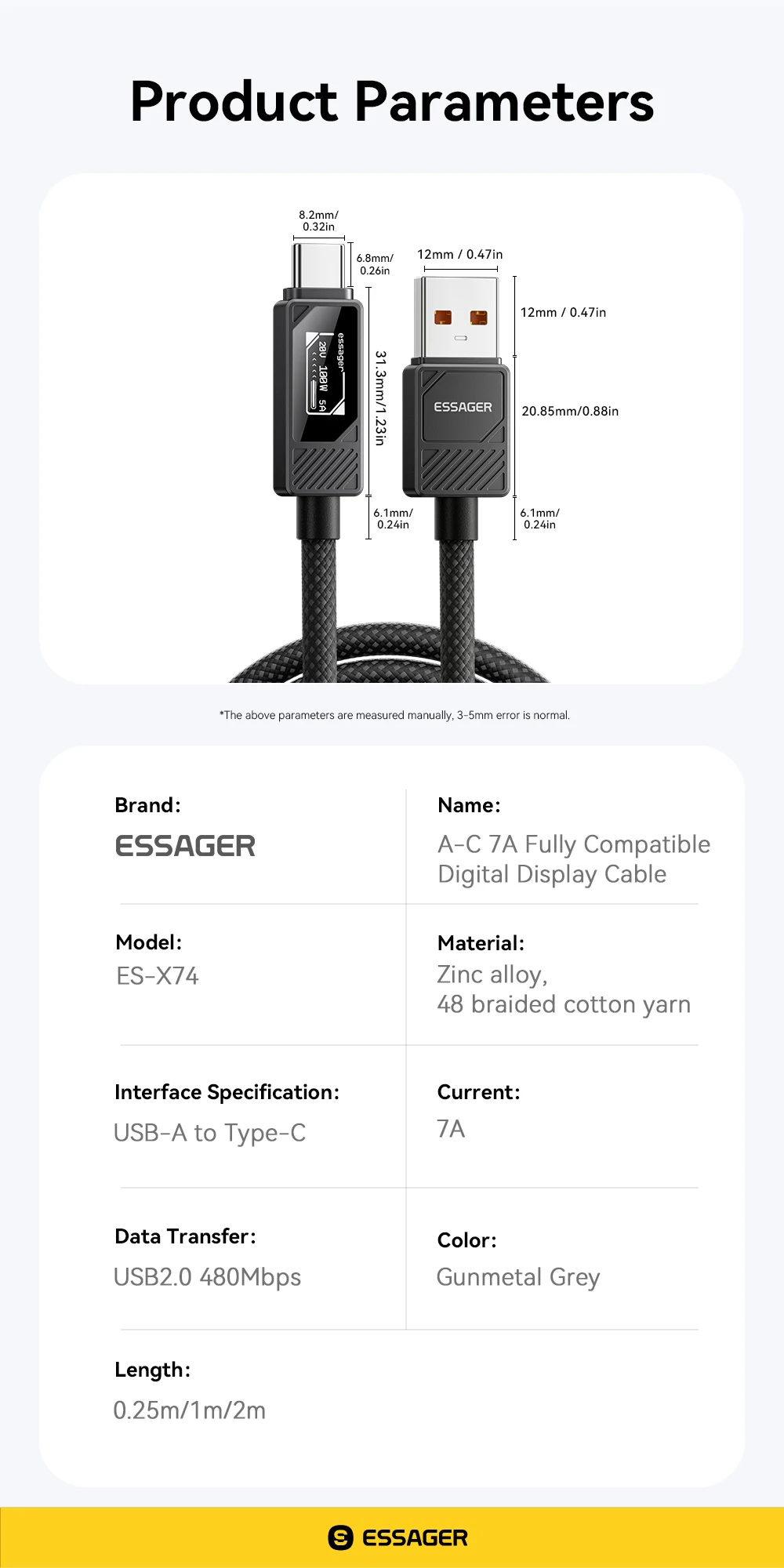 Essager PD 100 W Schnellladung Typ C auf Typ C Kabel Display USB A auf USB C Kabel für iPhone 16 MacBook Samsung Huawei Xiaomi – Detail 13