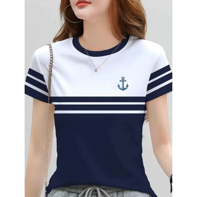 2026 Modisches Damen-T-Shirt im nautischen Stil, Rundhalsausschnitt, kurze Ärmel, mit Anker-Printmuster, lässiges gestreiftes Oberteil