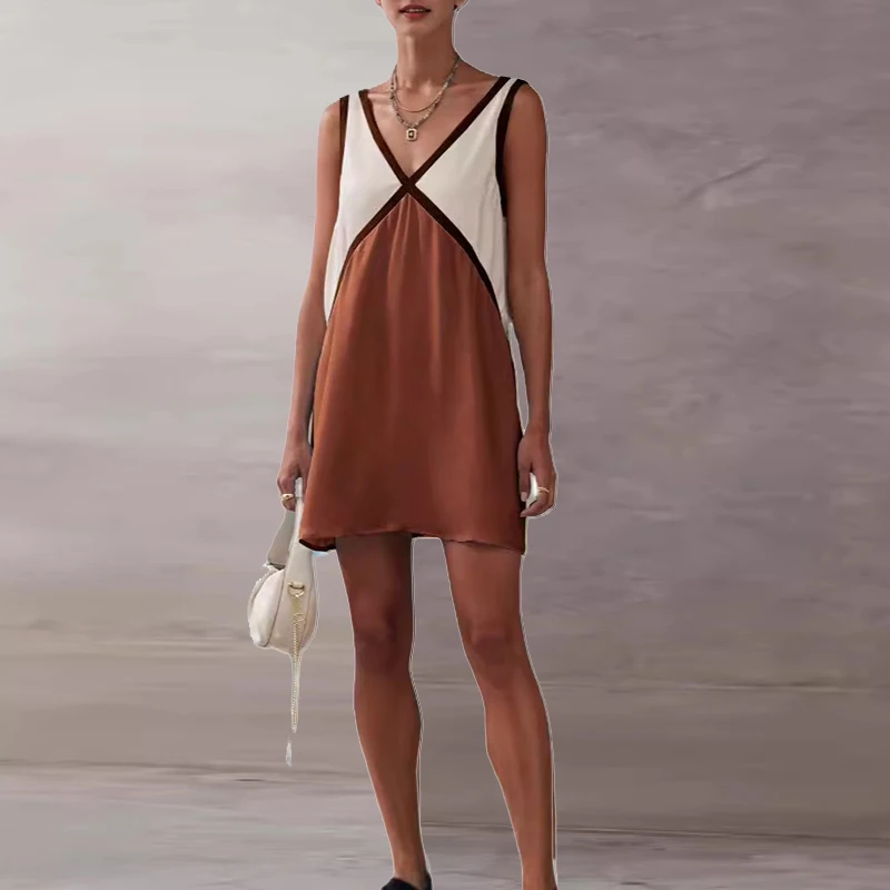 Vestidos Sexy Contrast Color Patchwork Mini Dress Woman Elegant V Neck  A-Line Party Dress Spring Summer Sleeveless Sling Dresses - AliExpress  200000345