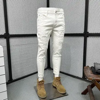 White Scratched Jeans Men's Spring and Autumn 2026 New Trendy Brand Slim-fitting Pants Fashion Ripped Pants Pantalones Hombre 1
