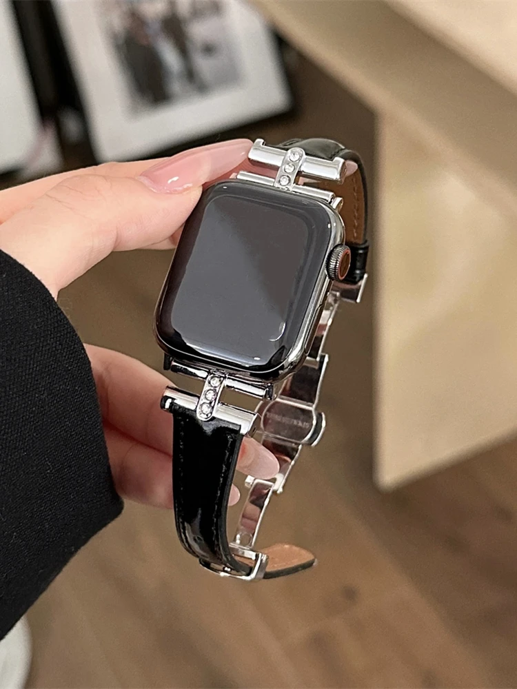 2024 Glitter Diamand Metal Real Leather Band For iWatch 9 8  display picture 1