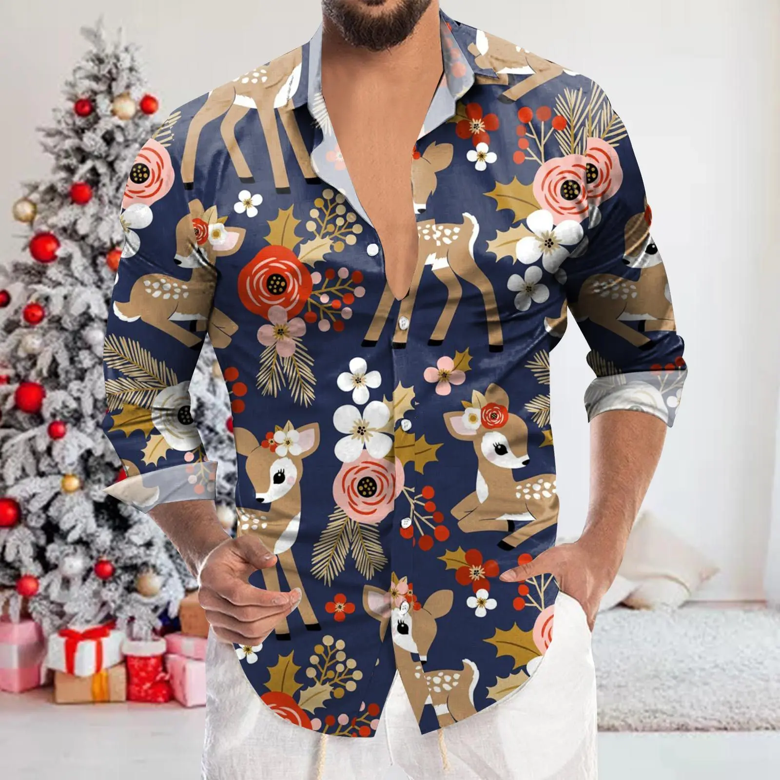 Snowman Print Men's Shirt for Men Fashion Y2k Streetwear Clothes Lapel Smooth Long Sleeve Tops Merry Christmas Party Blouse New