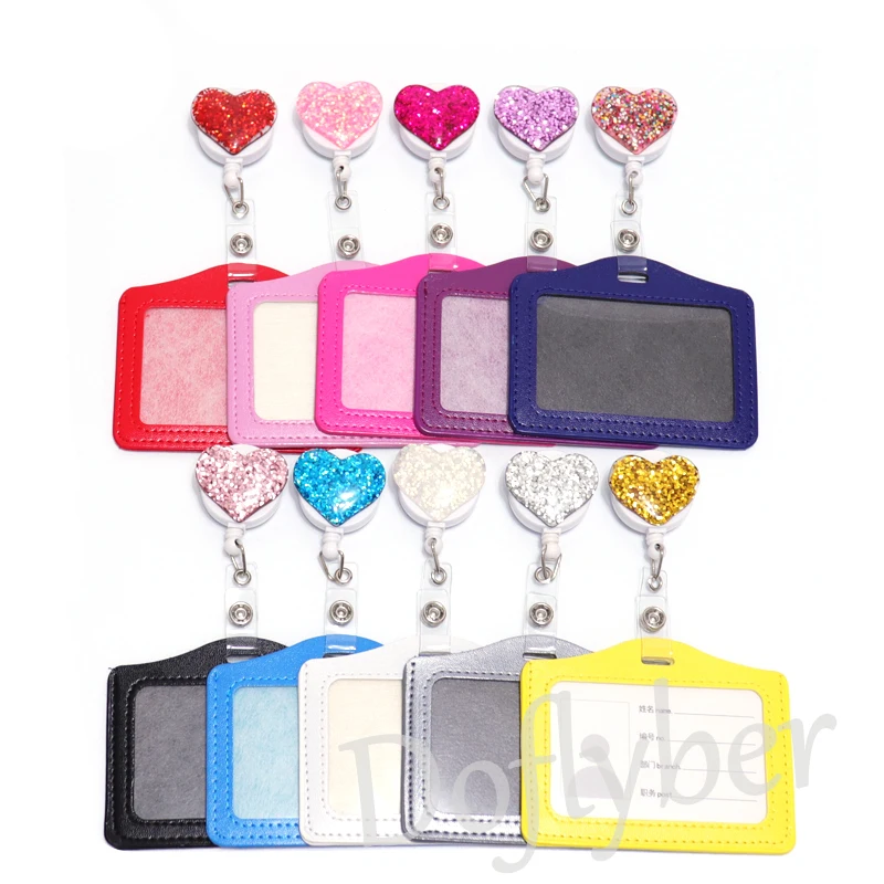 Retractable Glitter Heart Badge Reel Holder with Id Name Card Holder Belt Clip Nurse Doctor Student Office School Supplies 1pcs single double triple hole metal spring pen holder with pocket clip doctors nurse uniform pen holders office school supplies