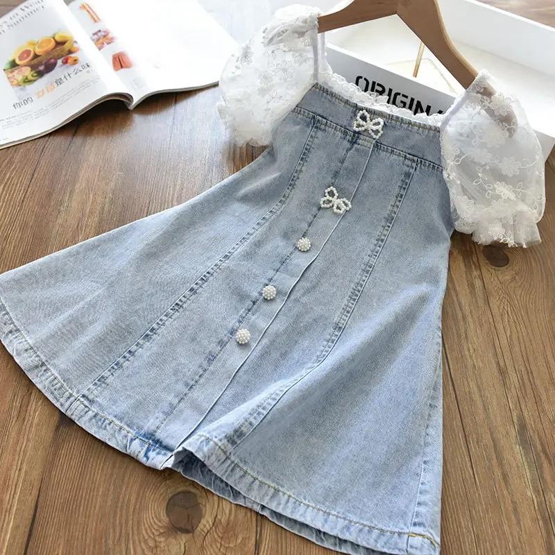Girls Dress Children Girls Beads Lace Sleeve Denim Dress Toddler Summer Dress