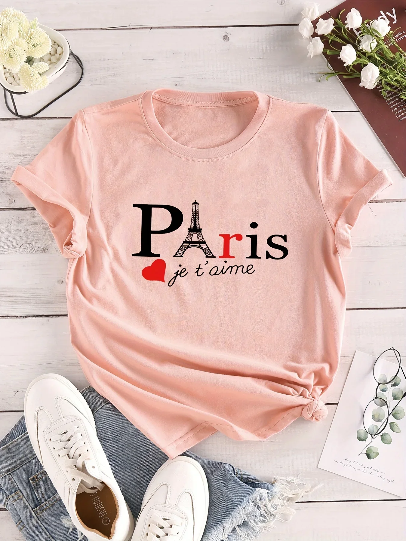 

Casual Short Sleeve T Shirt Paris Letter Print Crew Neck Women T-Shirts Casual Every Day Top Women's Clothing Female Tops Tees