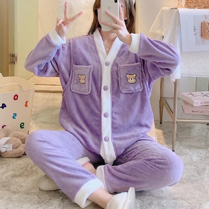 2023 New Autumn Winter Women Fleece V-neck Loungewear Postpartum Clothing Maternity Nursing Pregnancy Thick Coral Fleece Pajamas