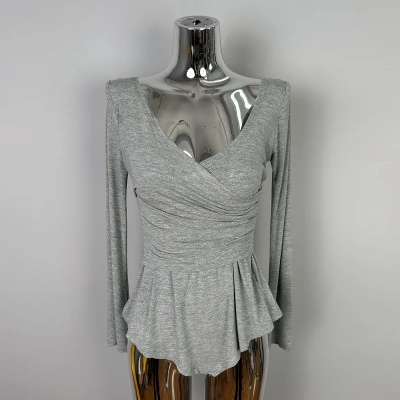 セクシーな V ネック長袖 Tシャツ女性の春秋クロスプリーツウエストシェイプベルスリーブベースシャツピュアディザイアトップ