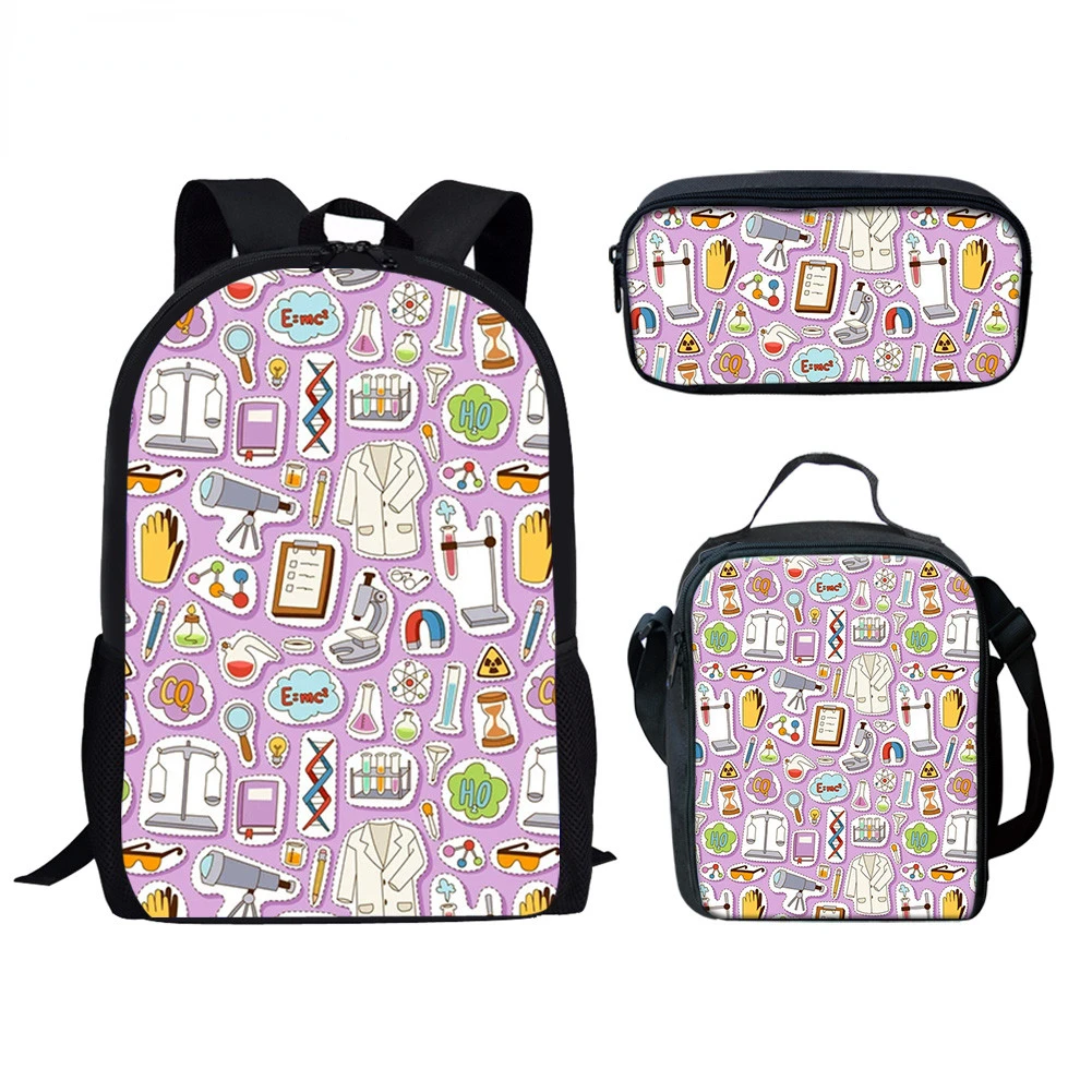 Creative Funny Experiment Print 3Pcs/Set School Bag with Lunch Bag Pencil Bag Teenager Girls Boys Student Campus Casual Backpack