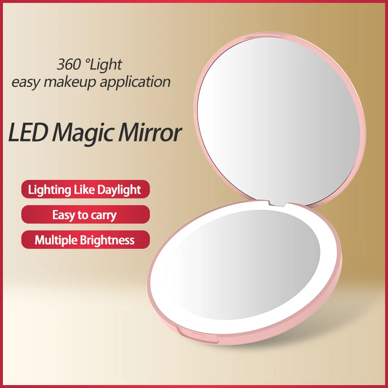 Mini Compact Led Makeup Mirror With Light 3X Magnifying Small Pocket Portable Travel Pink Black Foldable Cosmetic Vanity Mirrors 10x magnifying mirror pimples needles set black pointed tip blackheads pimple remover tools with makeup mirror