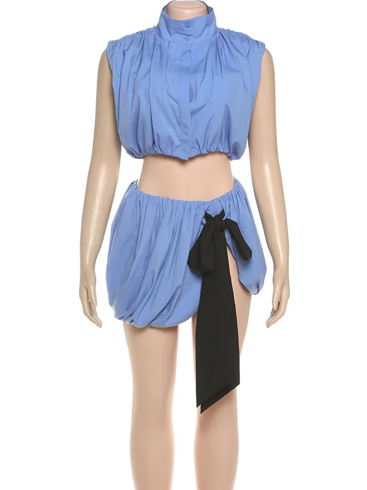 Nibber Ruffles Women 2 Piece Set Ruched Single-Breasted Tank Tops+Split Knot Ribbon Skirts Matching Casual Simple Streetwear