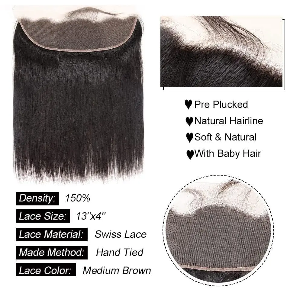 Straight 3 Bundles Human Hair with Frontal Human Hair Bundles with Frontal Brazilian Virgin Weave 13x4 Lace