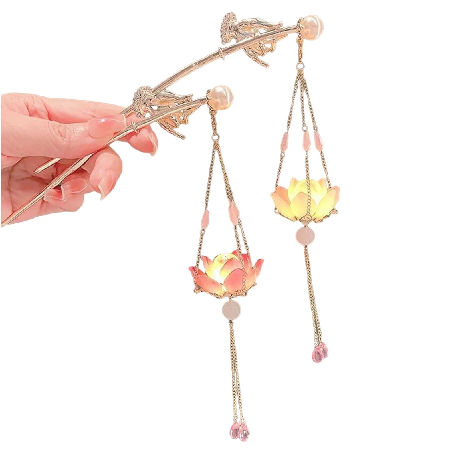 Retro-Haarnadel im chinesischen Stil für Frauen, antike Blumen-Quasten-Haarstange, leuchtende Lotus-Perlen-Quaste, Metallschmuck, Haar-Accessoire – Detail 9