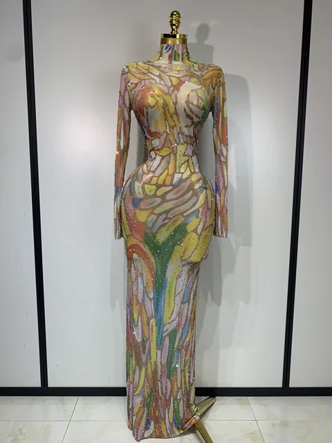 Sparkly Rhinestone Stretchy Mesh See Through Jumpsuit Women Performance Dancer Costume Rompers Party Nightclub Stage Outfit 1