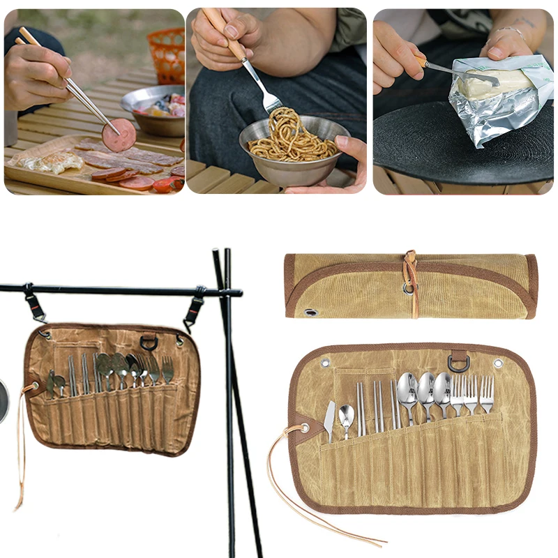 Cutlery Bag 12pcs Camping Tableware Storage Bag Cutlery Organizer Roll