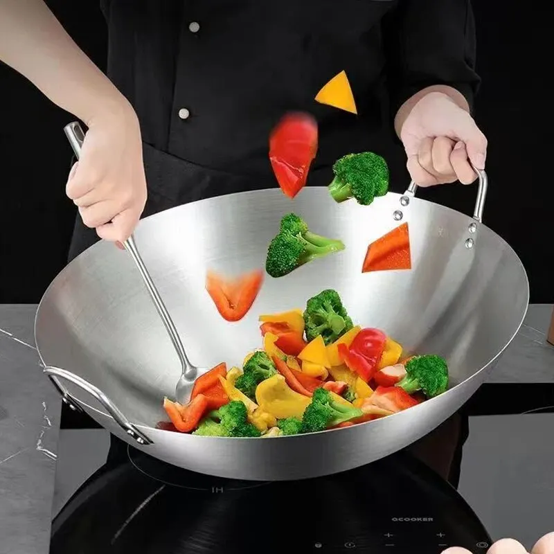 Stainless Steel Double Ear Frying Pan Uncoated Thickened