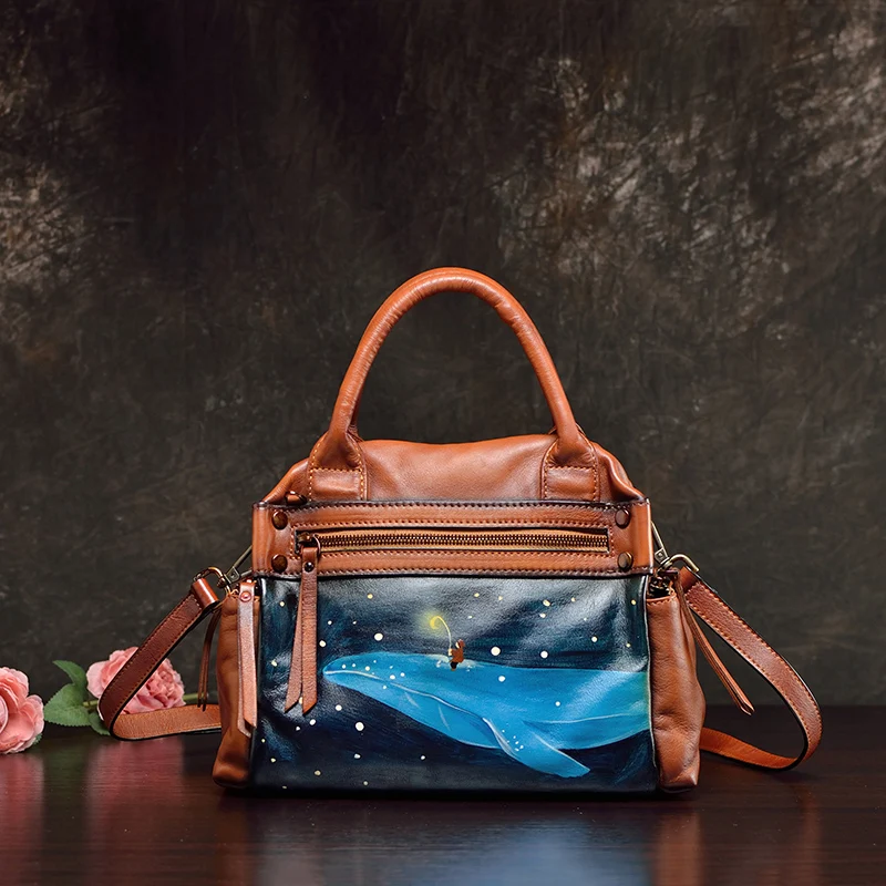 

Handbag soft cowhide women's bag leather niche design casual crossbody bag hand painted vintage 2023 new multi pocket