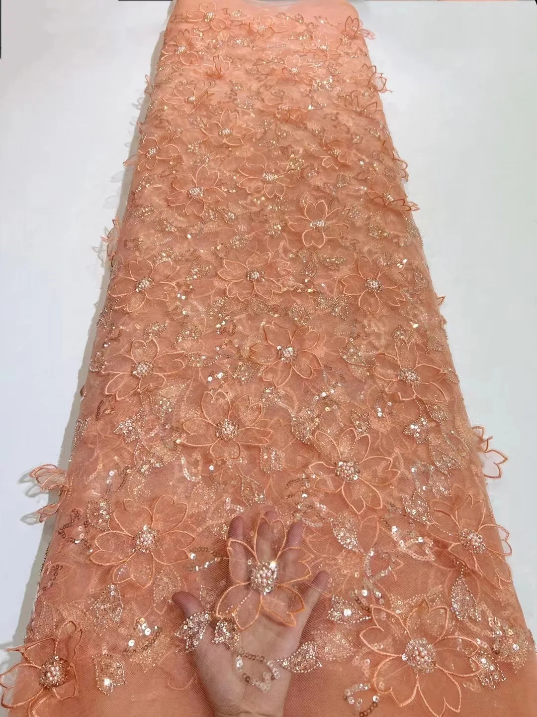 

African Bead Lace Fabric 2023 High Quality French Mesh Lace Fabric Sequins Nigerian Lace Fabrics for Wedding Dress Sewing FS5827