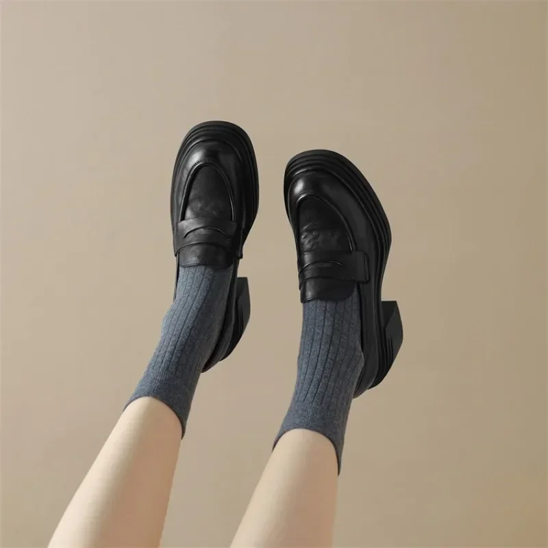 Women Leather Platform Loafers Fashion Slip on Chunky Shoes Retro Style Female Officel Pumps Moccasins Women's Mary Jane Shoes 3