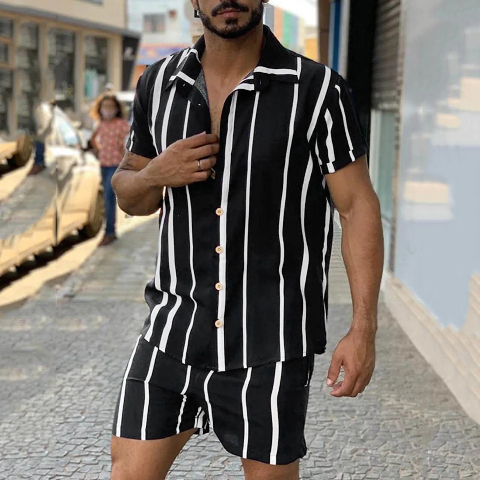 

2022 Men Sets Striped Print Lapel Neck Short Sleeve Social Dress Shirt Beach Shorts Summer Streetwear Vacation Hawaiian Suits