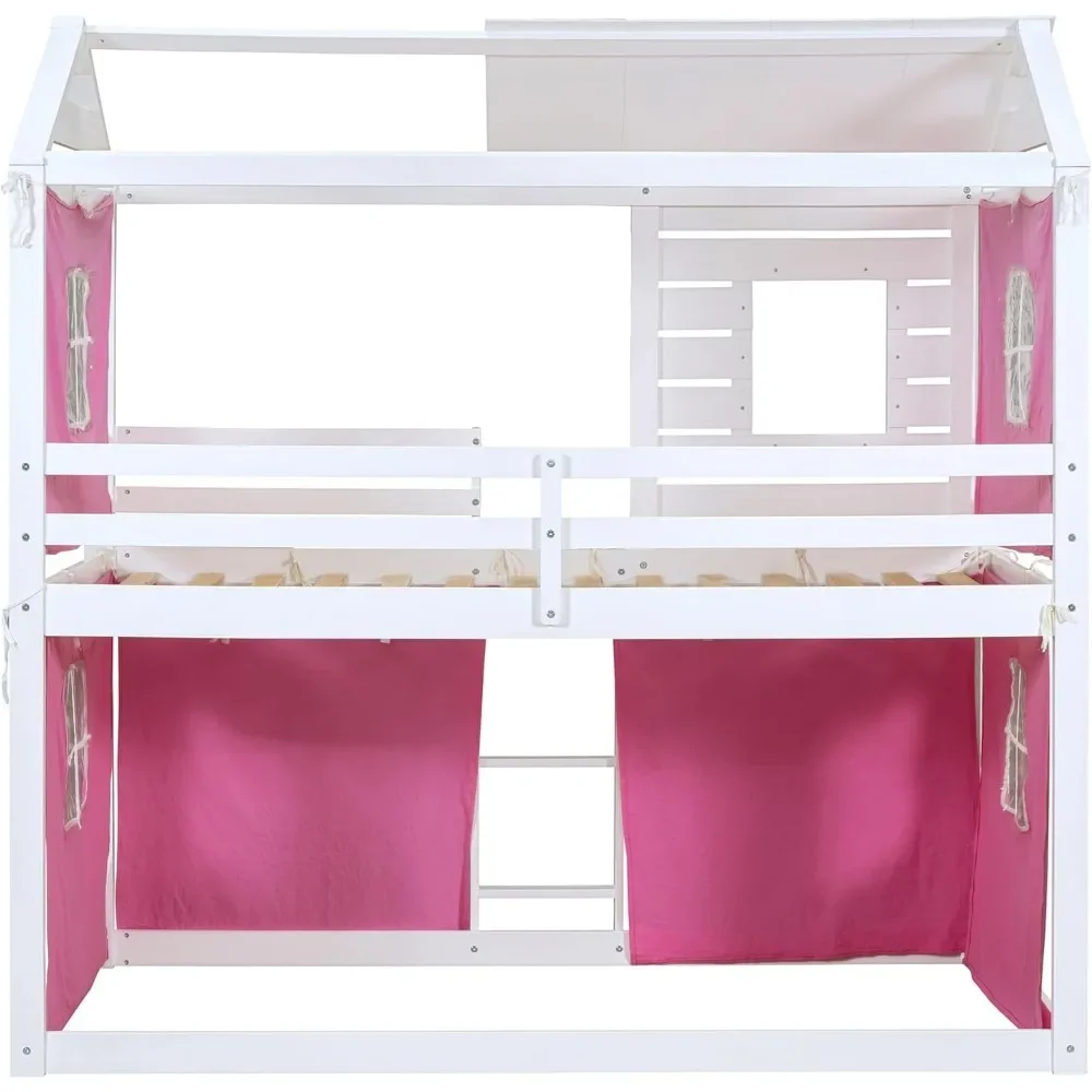 Twin Over Twin Bunk Bed with Tent, Wood Twin Size House Bed Frame, , Pine Wood, MDF House Bunk Bed Pink+White Modern Plywood 6