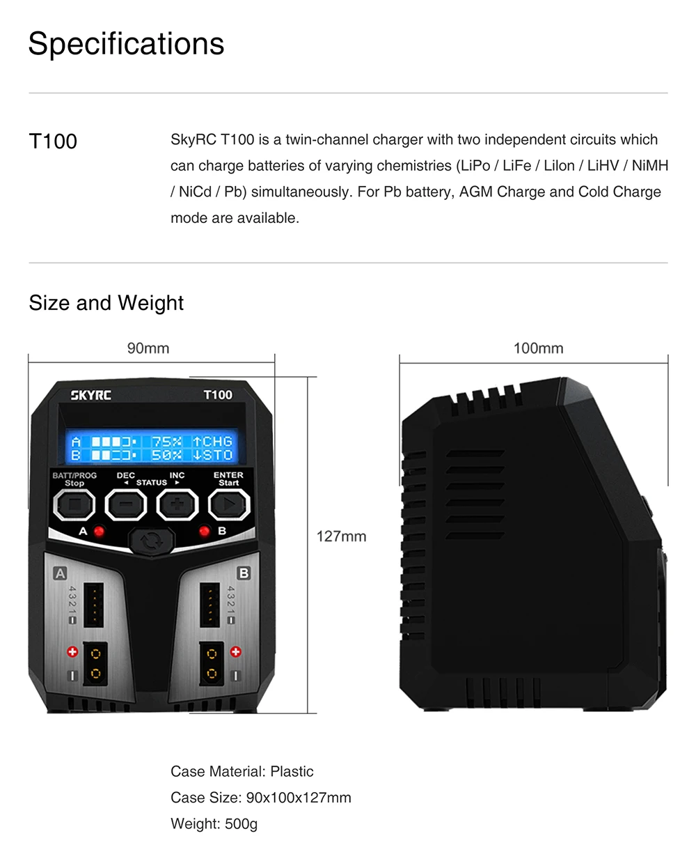 Chargeur RC T100 1S/2S LiPo/Li-ion 100W USB-C