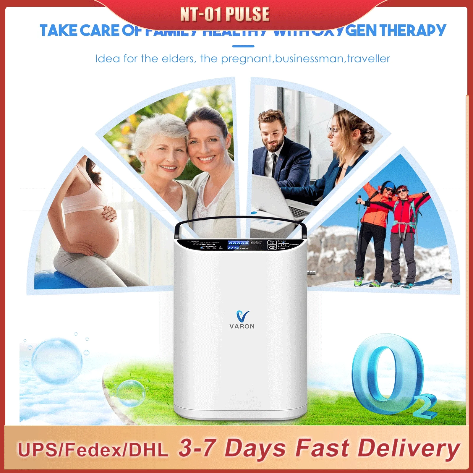 

VARON Portable 5L Oxygen Machine Pulse Flow Oxygen Concentrator For Medical Home Use And Travel Outdoor Care With Battery Use