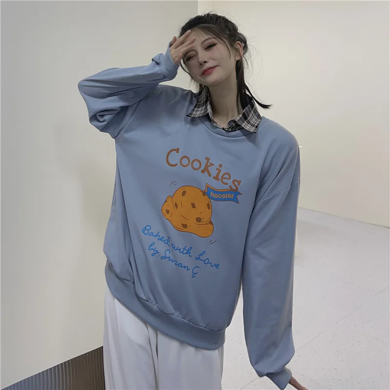 Fake Two Piece Pullovers Japan Style Cotton Graffiti Lapel Loose Casual Sweatshirts Spring Autumn Fashion Thin Long Sleeve Tops
