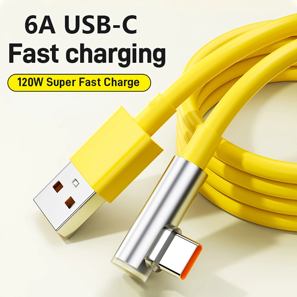 120W 90 Degree Elbow Cable Type C Fast Charging 6A USB C Data Cord For Xiaomi Mi 14 Pro Redmi Note 13 Fast Charging Data Cable