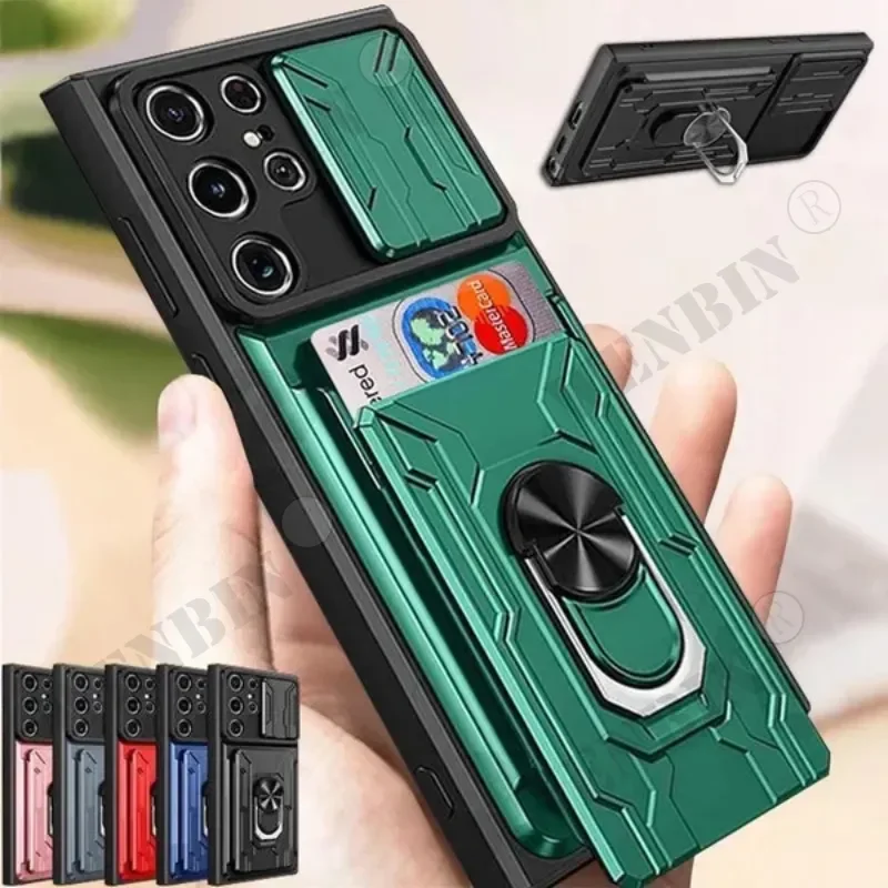 

Case For Samsung S24 Ultra Plus S23 S22 Ultra Plus A54 A14 A15 A34 A53 Slide Stand Ring Camera Military Grade Card Slot Cover