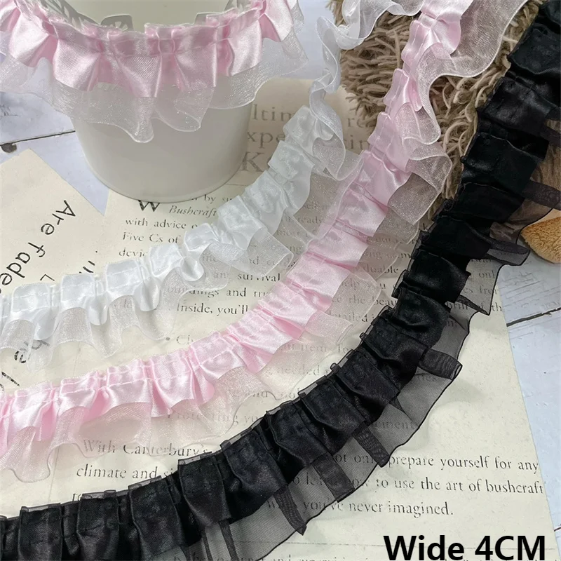 

4CM Wide Double Layers White Black Pink Pleated Lace Fabirc Ribbon Needlework Ruffle Trim Lolita Dress Apparel DIY Sewing Decor