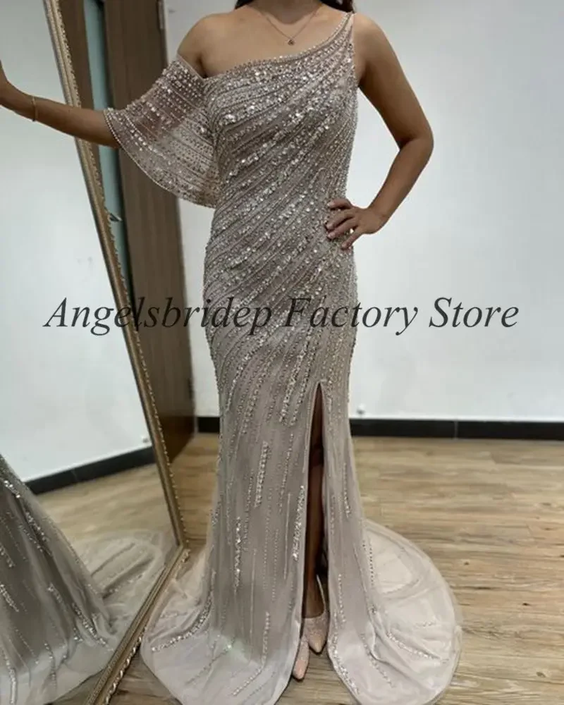 

Glitter Tulle Side Split Silver Mermaid Prom Dresses Off Shoulder Saudi Arabia Robes De Soirée Vestidos De Gala