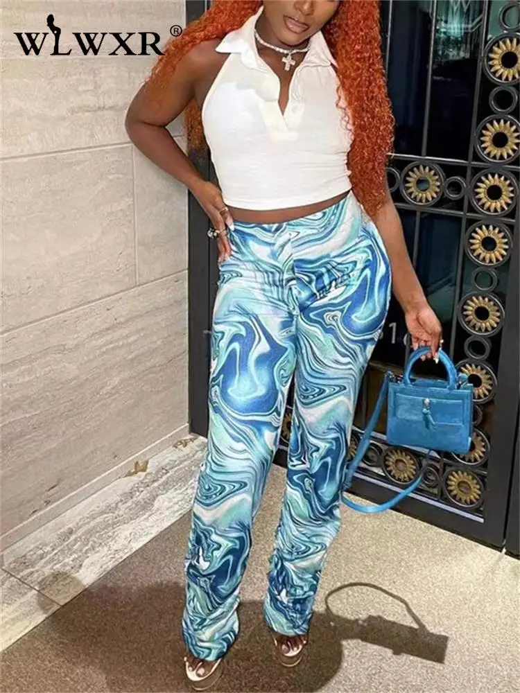 

WLWXR Autumn Streetwear 3D Print Skinny Pants Women 2022 High Waist Pants Female Bodycon Blue White Straight Trousers Female