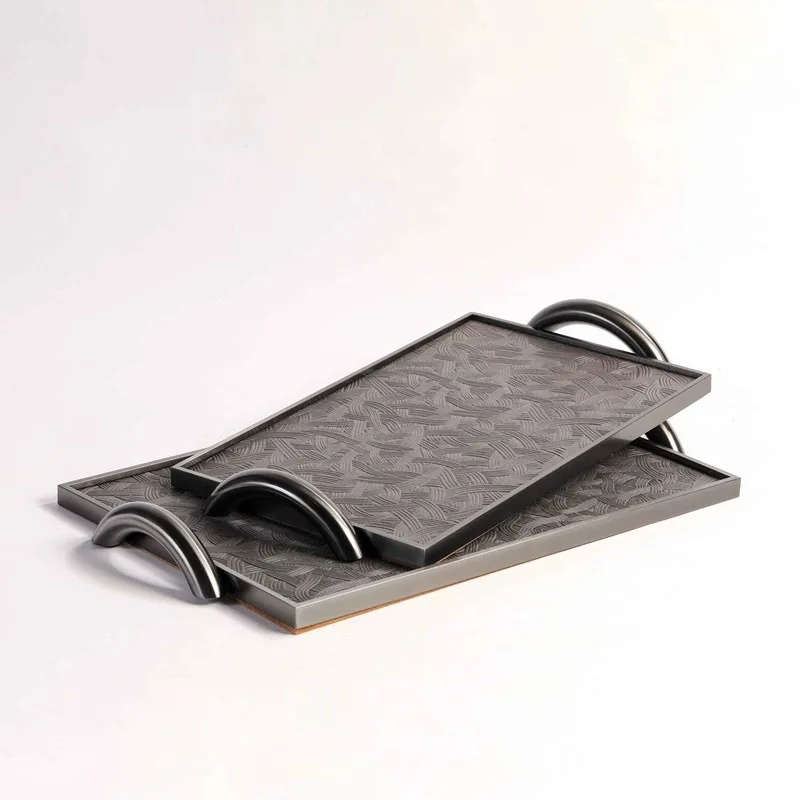 Creative Leather Tray Modern Simple Metal Decorative Tray Rectangular Pallet with Two Handles Home Decoration Storage Ornaments