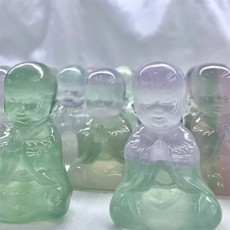 

6CM Natural Macaron Fluorite Monks Statue Carving Quartz Healing Crystal Stone Present For Home Decoration 1PCS