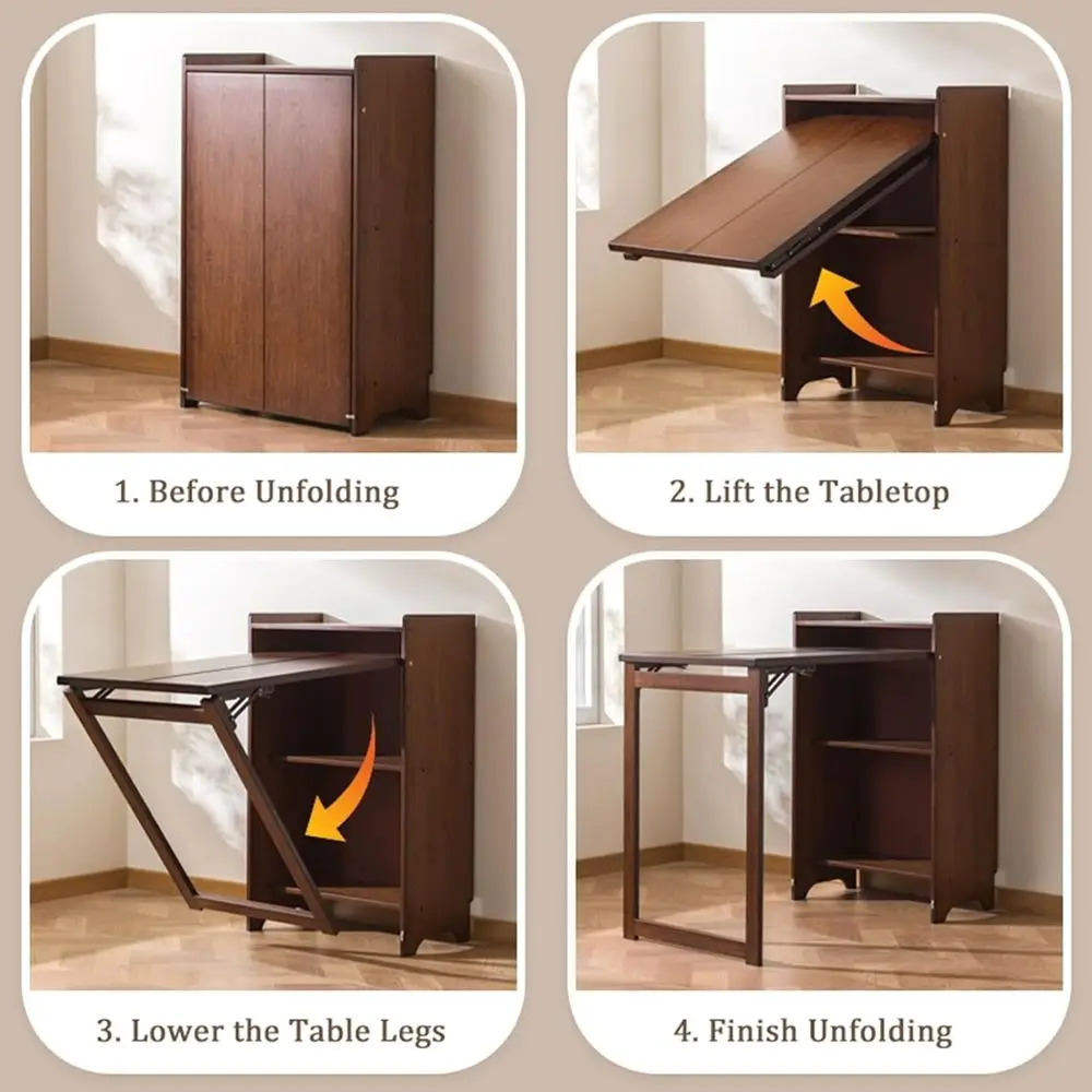 Compact Bamboo Desk with Built-in Bookshelf, Space-Saving Folding Workstation for Home Office, Vanity, and Kitchen