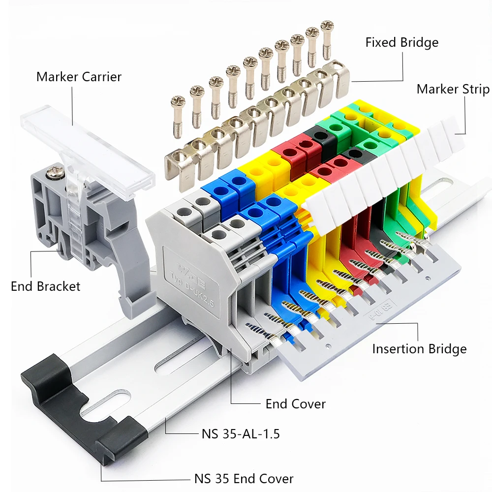 Din Rail Terminal Block UK-2.5B Wire Electrical Conductor Universal Connector Screw Connection Terminal Strip Block UK2.5B 10Pcs terminal block