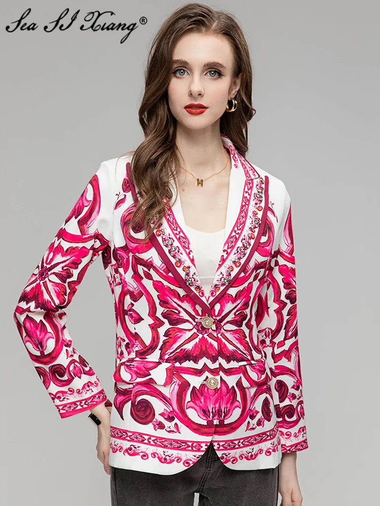 

Seasixiang Fashion Designer Summer Jacket Women Long Sleeve Crystal Diamond Pockets Red Print Vintage Single Breasted Coat