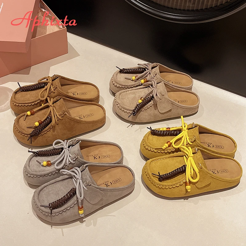 Aphixta 2025 New Summer Sewing Flat With Outside Slipper Women String Bead Lace Up Fashion Women Shoes Slip On Yellow Slides