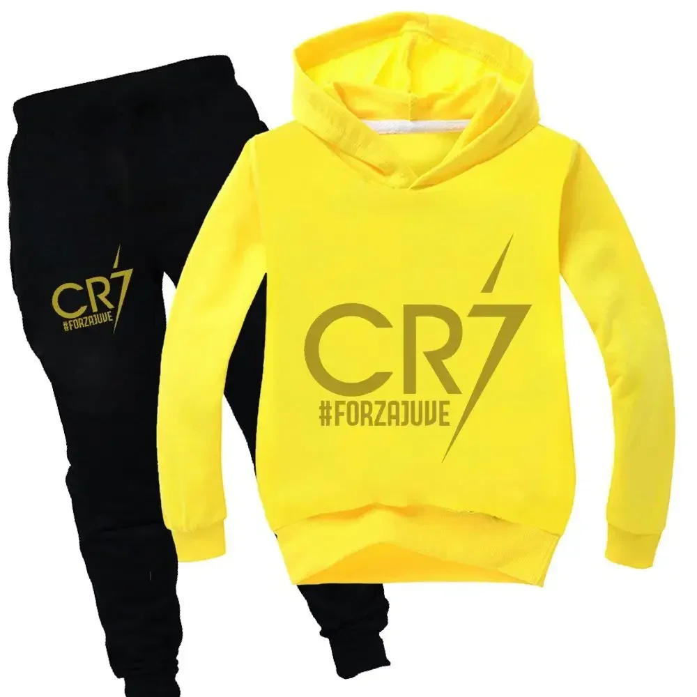 thumbnail image 1 of Conjunto de 2 piezas de ropa con capucha y pantalones con estampado de fútbol CR7 para niños y niñas de 3 a 14 años, chándal para primavera y otoño, 1 of 5