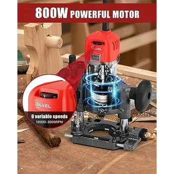 Compact Wood Router Combo Tool 800W 110V with 6 Speeds Fixed Base Plunge Router Woodworking Trimmer Router Kit with Accessories 3