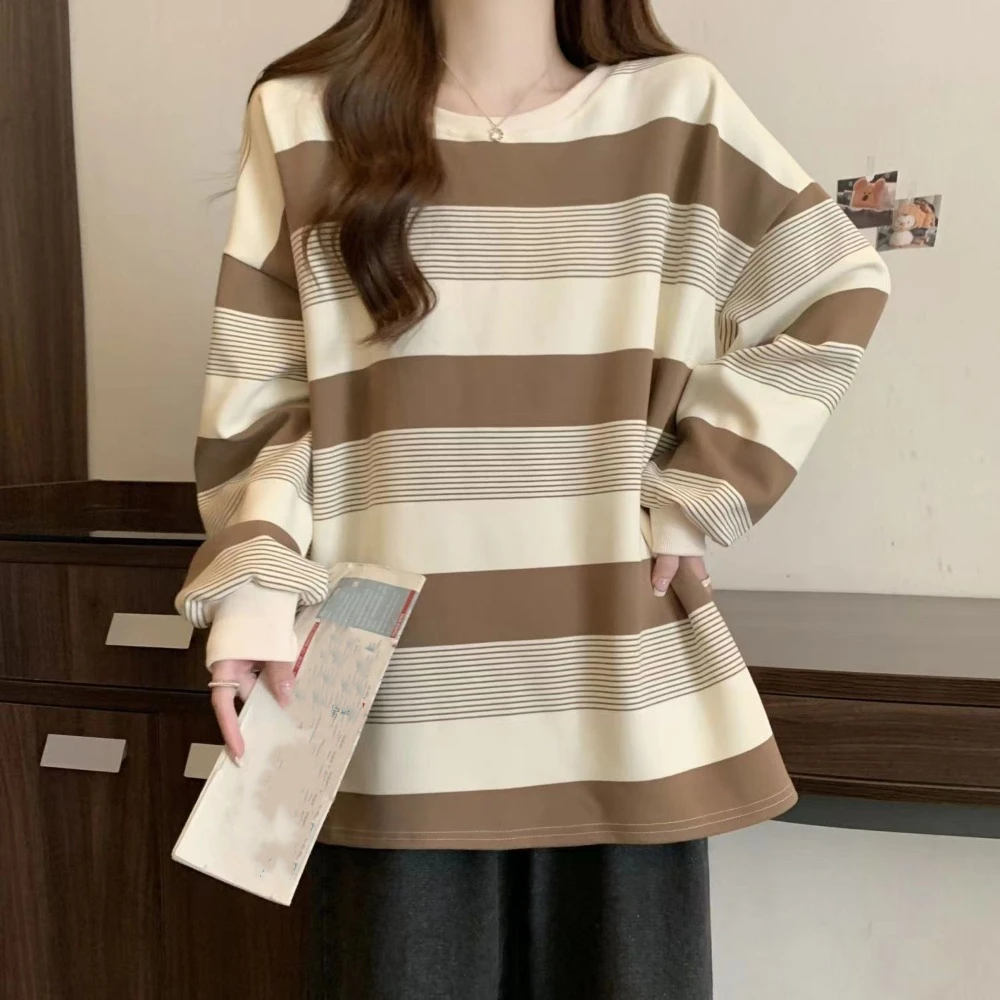 Simple Retro Long Sleeve T Shirt Loose Plus Size Striped Blouse Chic Stylish Sweatshirts for Women Spring