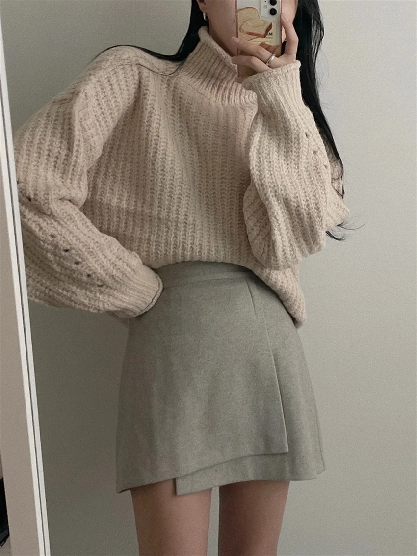 

Alien Kitty Casual Sweater Loose Chic Women Turtleneck Hollow Out Autumn Knitted Pullovers Thicken Warm Outwear All Match Gentle