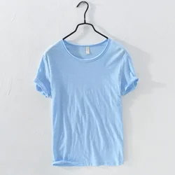 Men's Retro Raw Edge Lightweight Cotton T-Shirt - Slim Fit, Breathable Monochrome O-Neck Casual Top - 3XL -fits 88-95 kg (Sky Blue)