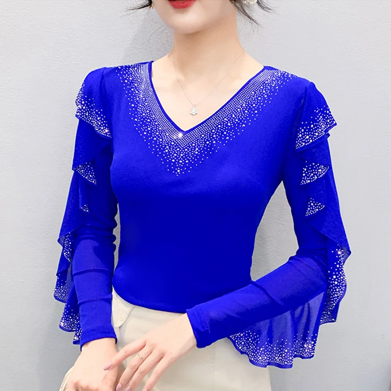 2025 Autumn New Style Mesh Tops Korean Fashion Round Neck Ruffles Shirt Lotus Leaf Edge Hot Diamond Long Sleeve Women T Shirt 2