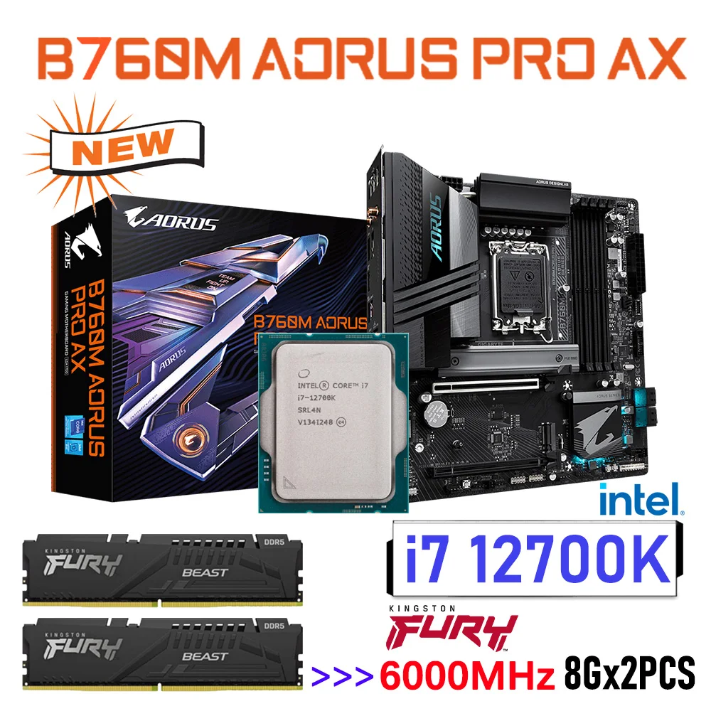 

Gigabyte B760M AORUS PRO AX DDR5 Motherboard LGA 1700 With Intel Core i7 12700K Processor CPU Kingston RAM 16GB DDR5 6000MHz Kit