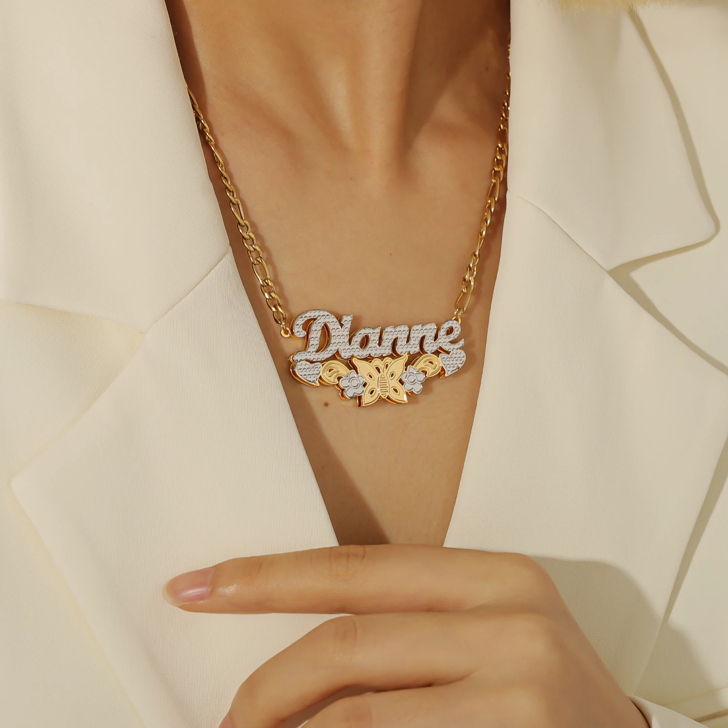 Customized Necklace Double Layer Two Tone With Butterfly Flower And Heart Personalized Custom Name Necklace For Women Jewelry