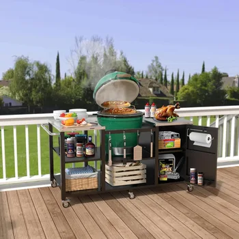 Grill Table for Big Green Egg Style BBQ, Heavy Duty Metal Outdoor Grill Station Prep Table with Storage 3